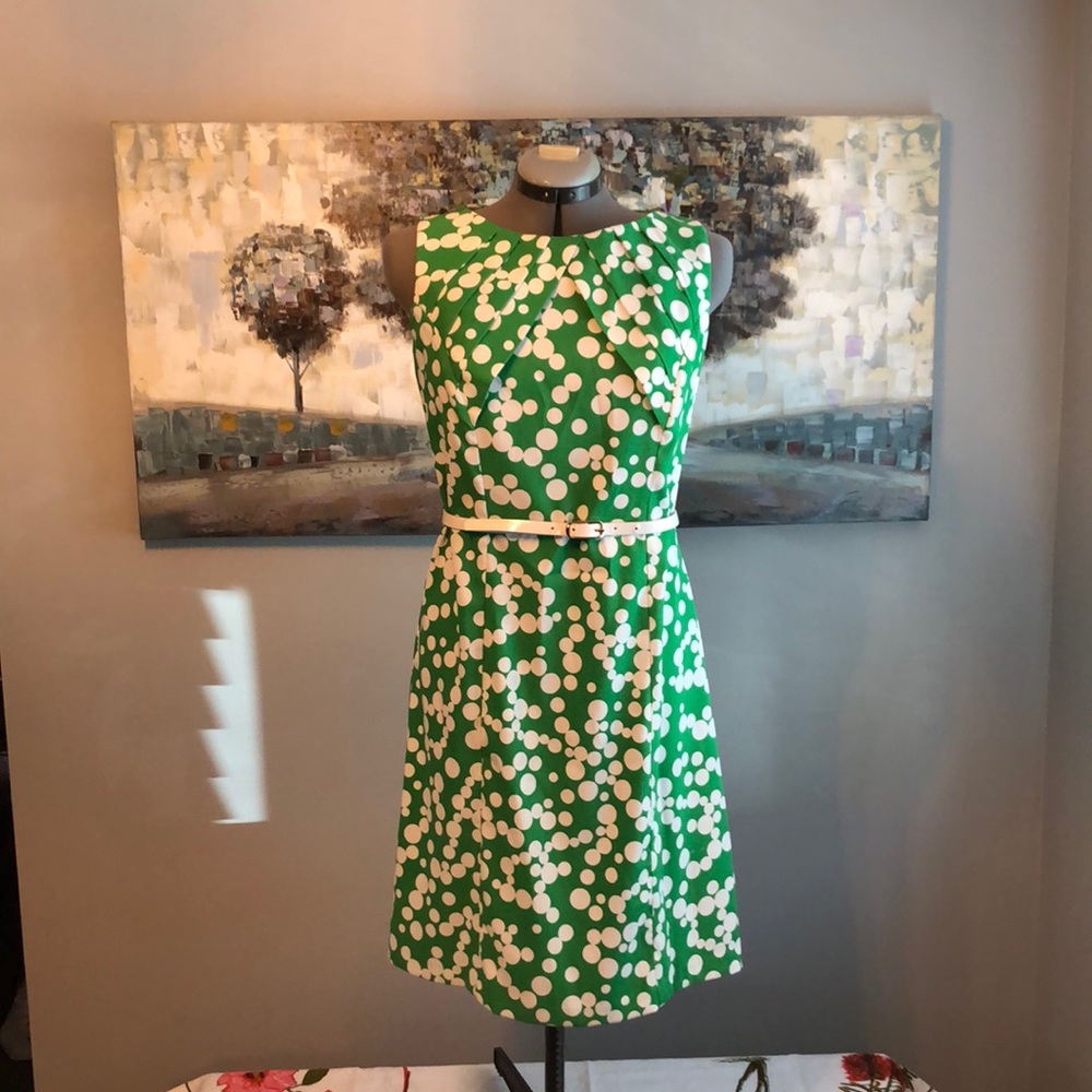 Kelly Green with white polka dots and white belt knee length dress